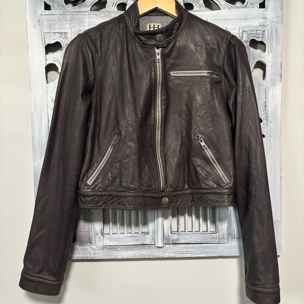 Haute Hippe Dark Gray Leather Crop Moto Full Zip Jacket Size S